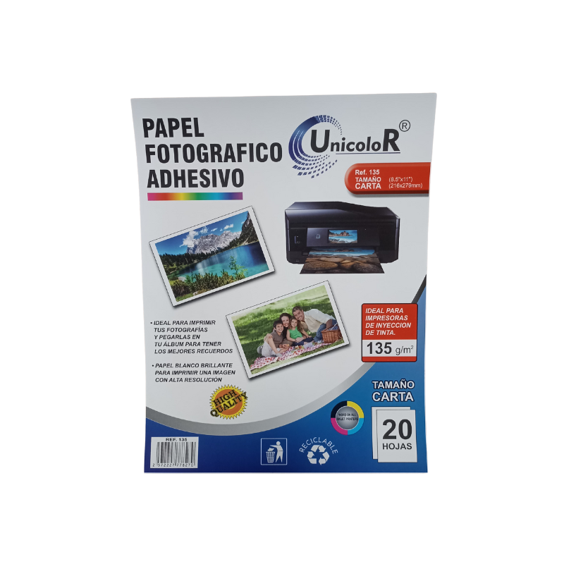 Papel Fotográfico Adhesivo Carta Para Impresoras X 20 Hojas