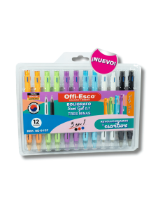 El bolígrafo Offi-Esco OE-015F ofrece tres minas en un solo cuerpo con tinta semi-gel de secado rápido y punta fina de 0.7 mm, i