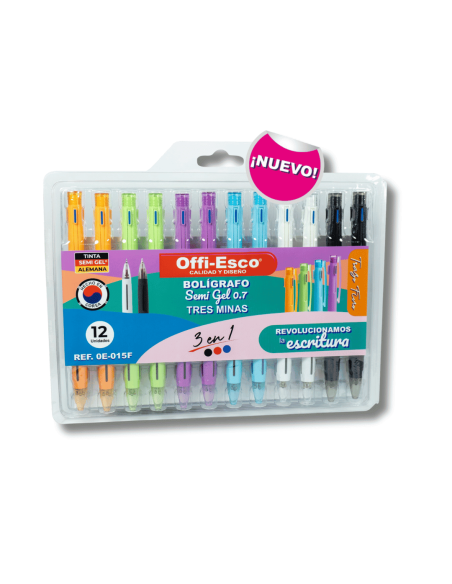 El bolígrafo Offi-Esco OE-015F ofrece tres minas en un solo cuerpo con tinta semi-gel de secado rápido y punta fina de 0.7 mm, i